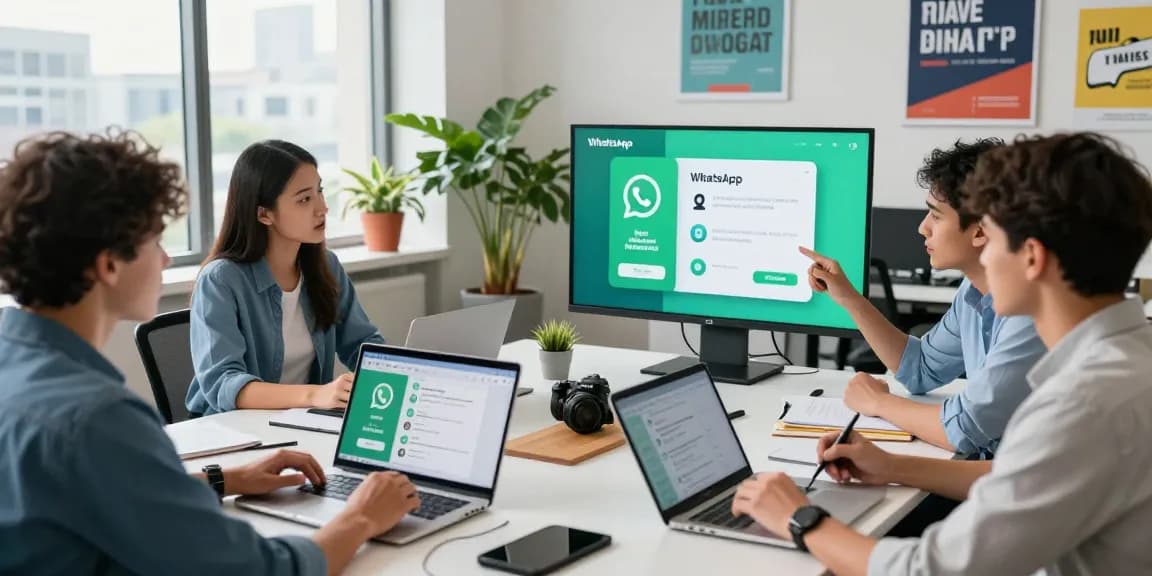 Professional team illustrating WhatsApp下載 features in a modern tech workspace.