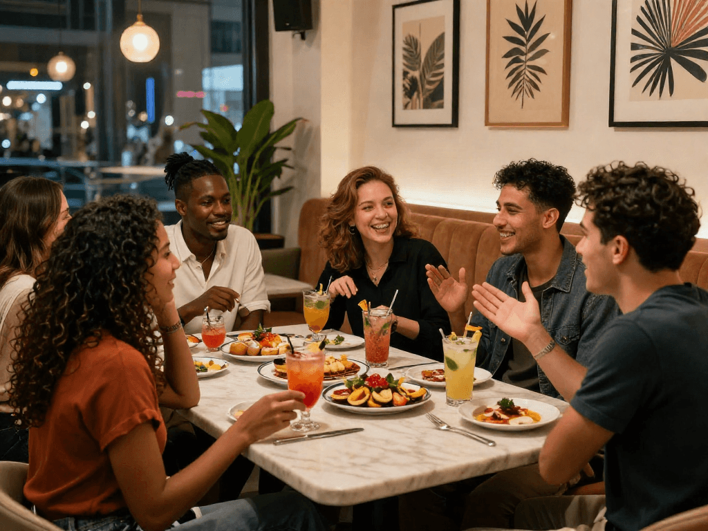 Friends enjoying a vibrant spicy chat at a trendy urban lounge with cocktails and appetizers.