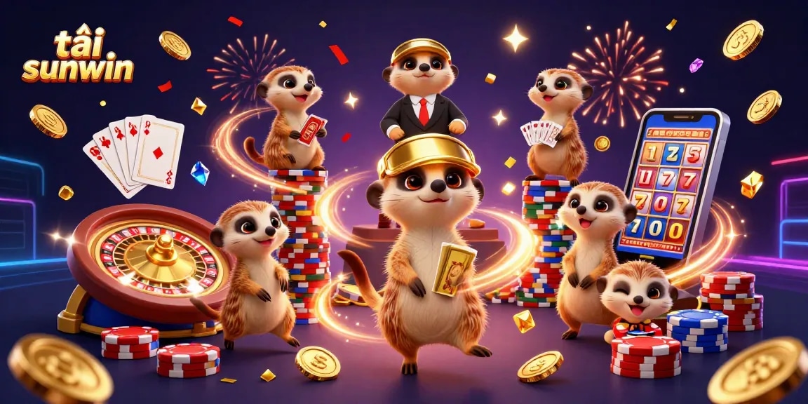 Experience the excitement of tải sunwin with a lively meerkat casino scene showcasing playful characters and gaming elements.