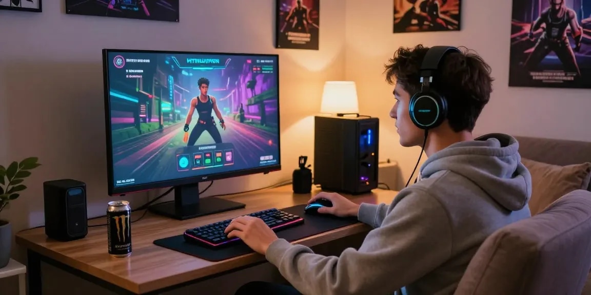 Engaging scene of a young man playing an html porn game on a large screen in a cozy living room, surrounded by gaming accessories and warm lighting.