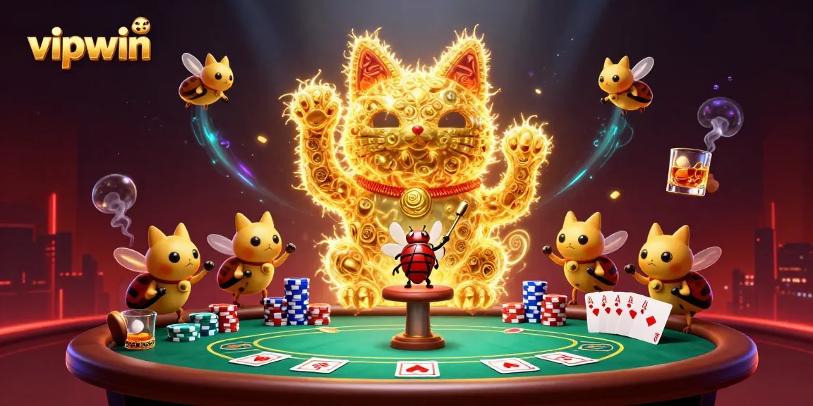 Experience the excitement of vipwin with a dynamic gaming scene blending poker elements and a lucky cat.