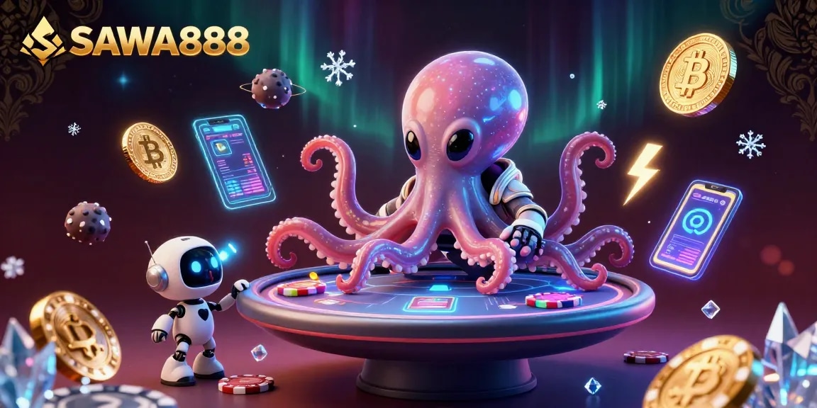 SAWA888 captivates players with an ultra-detailed alien octopus at a poker table in this vibrant casino scene.