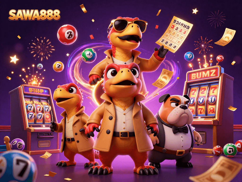 SAWA888 showcases thrilling casino scene with cartoon raptors and vibrant gaming elements.