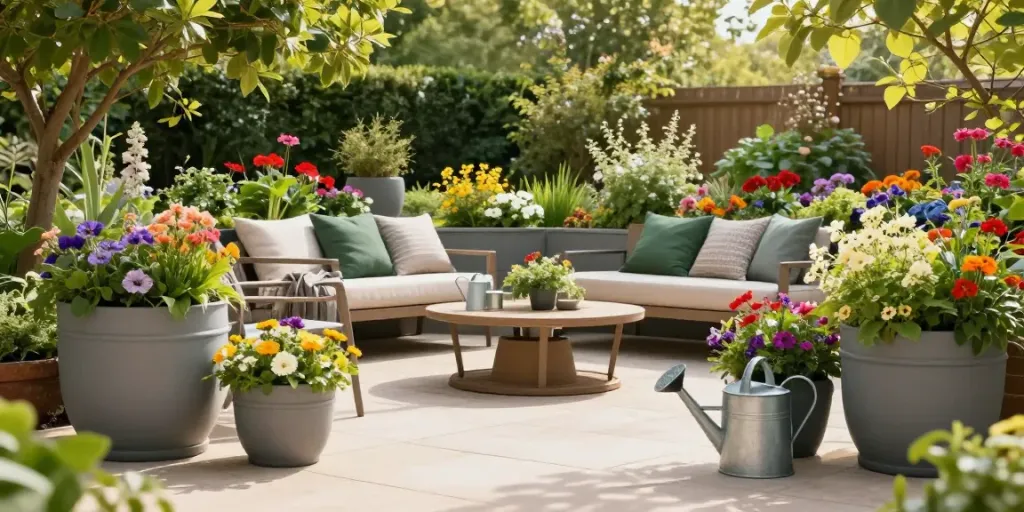 Beautiful outdoor setting with extra large planters filled with colorful flowers and lush greenery.