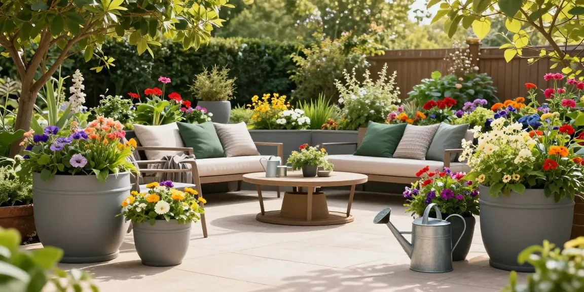 Beautiful outdoor setting with extra large planters filled with colorful flowers and lush greenery.