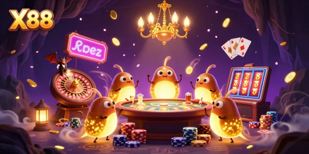 Experience the vibrant excitement of X88 at a glowing casino filled with rich game elements.