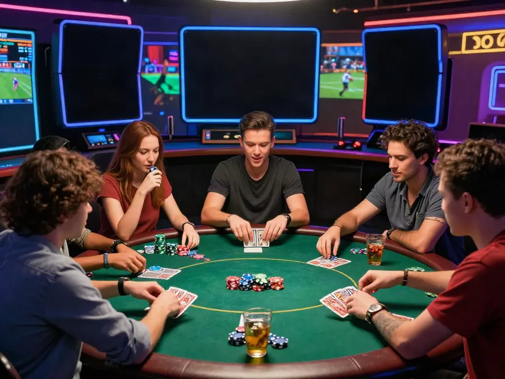 The lively scene at http://11bet-app.net/ with friends enjoying a poker game and vibrant gaming atmosphere.