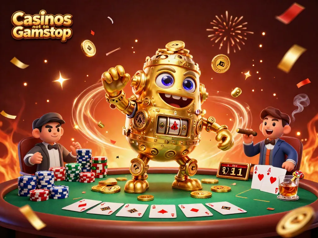 Experience excitement at Casinos not on Gamstop with gold coin golem, poker chips, and vibrant casino elements.