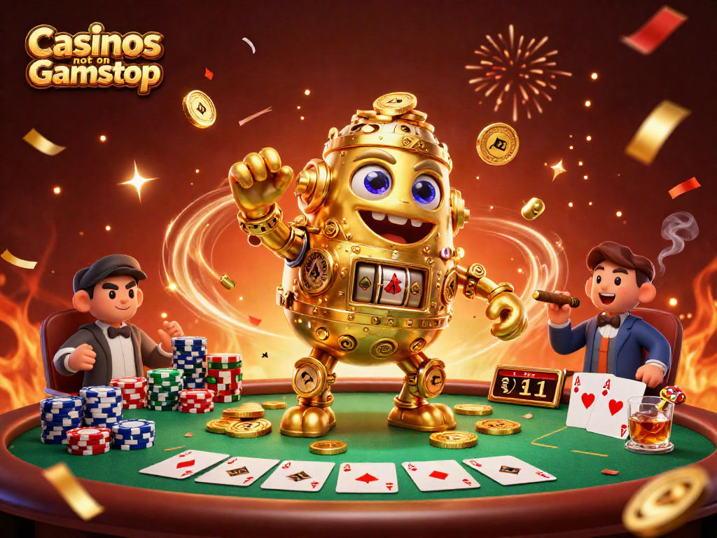Experience excitement at Casinos not on Gamstop with gold coin golem, poker chips, and vibrant casino elements.