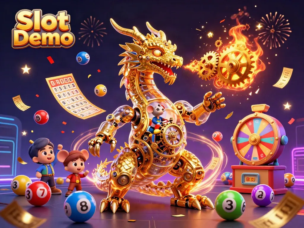 Experience the excitement of Slot Demo with a vibrant, action-packed casino scene featuring a golden dragon.