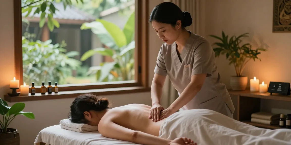 Relaxing 서초출장마사지 scene showing a professional therapist providing a soothing massage in a tranquil home environment.