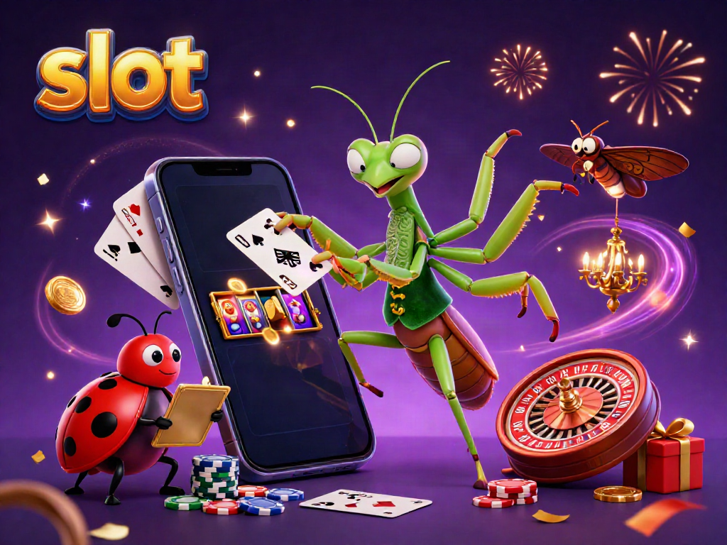 Experience slot gameplay with a lively mantis dealer, ladybug pit boss, and vibrant casino elements.