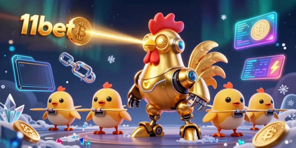 Experience exciting play at 11bet in this vibrant casino scene with golden rooster robot.