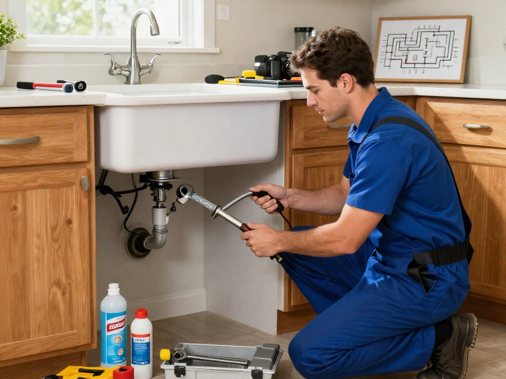 Drain cleaning Fort Worth professional unclogging sink in a modern kitchen with tools.