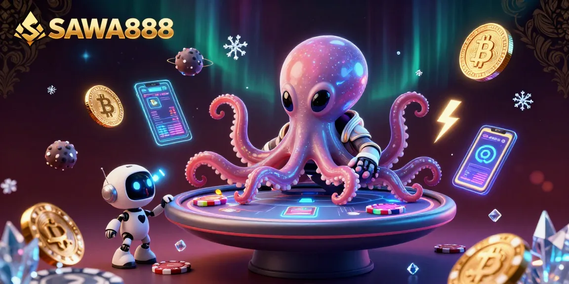 SAWA888 captivates players with an ultra-detailed alien octopus at a poker table in this vibrant casino scene.