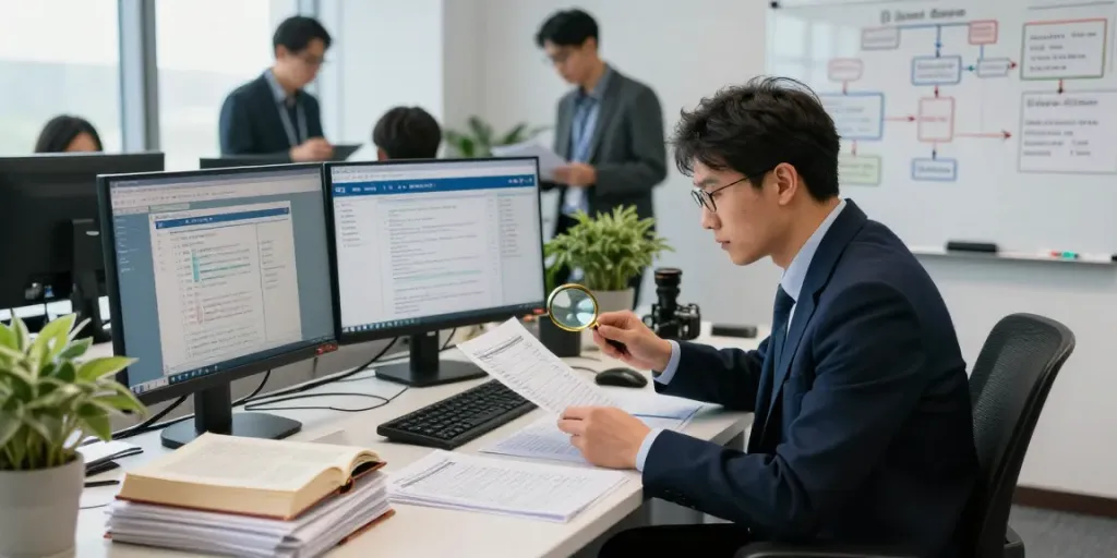 Financial crime investigation scene with accountant analyzing data and evidence in a modern office.