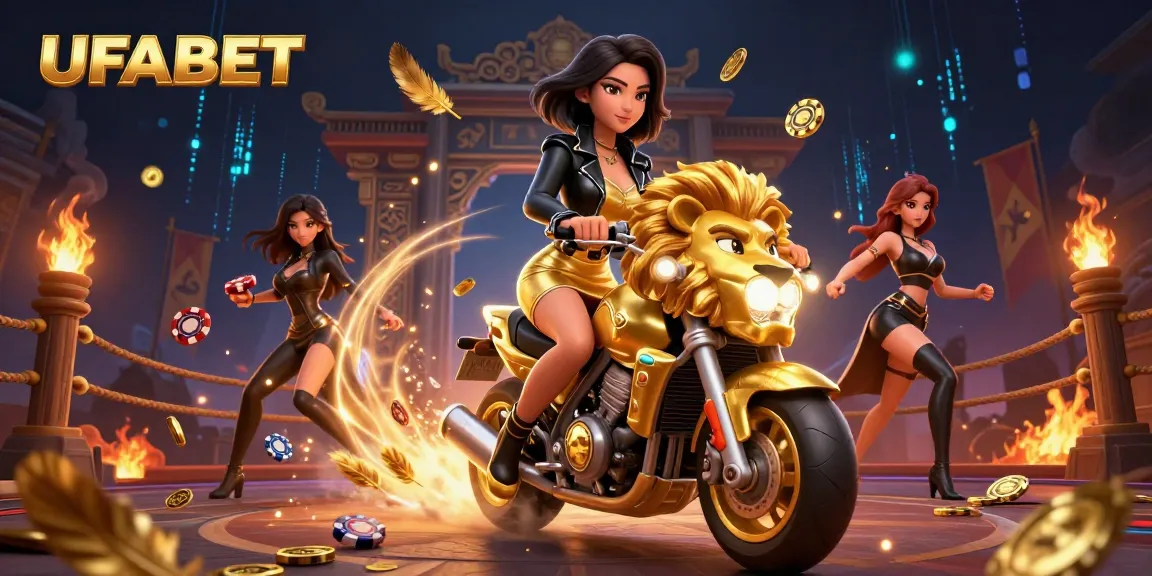 Experience thrilling action at UFABET with a glamorous Asian woman riding a golden lion mascot amidst casino elements.