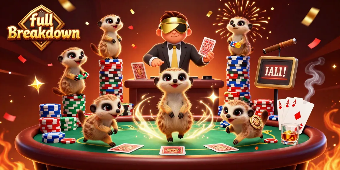 Engaging scene capturing a full breakdown of meerkats managing a casino operation, showcasing a vibrant atmosphere.