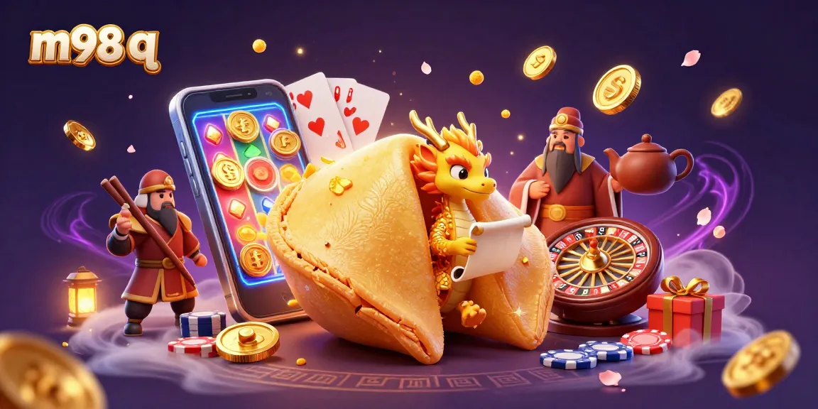 Engage with m98 q as a wise dragon reads fortunes from a golden cookie amidst casino games and visuals.