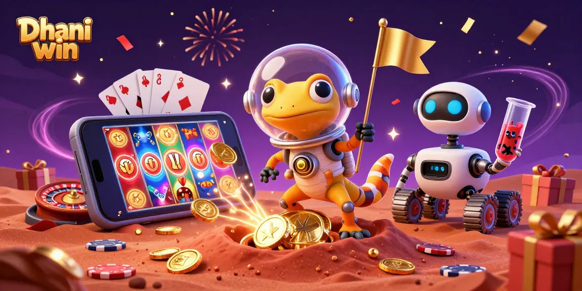 Dive into the excitement of Dhani win with a vibrant scene featuring alien characters celebrating at a golden casino.