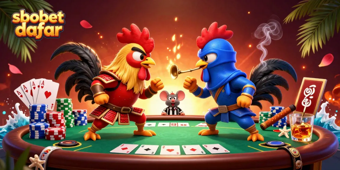 Engage in sbobet daftar with dynamic action between roosters in a colorful poker showdown.