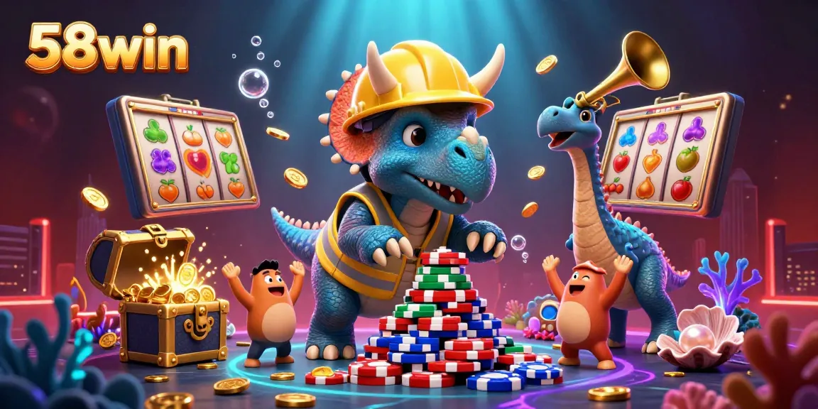 58win jackpot celebration scene with animated dinosaurs, gold coins, and colorful slot elements.