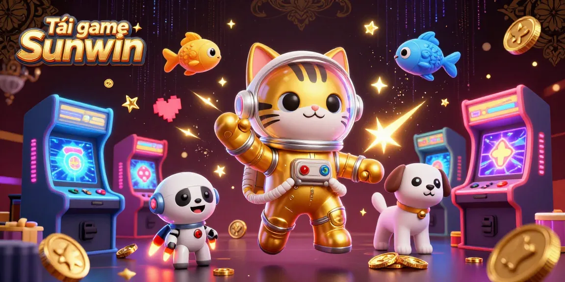 Tải game Sunwin with a 3D cartoon astronaut cat and robot dog in an engaging gaming atmosphere.