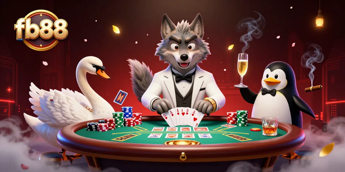 Engage with fb88 at a baccarat table, featuring a debonair wolf, an elegant swan, and a penguin sommelier.