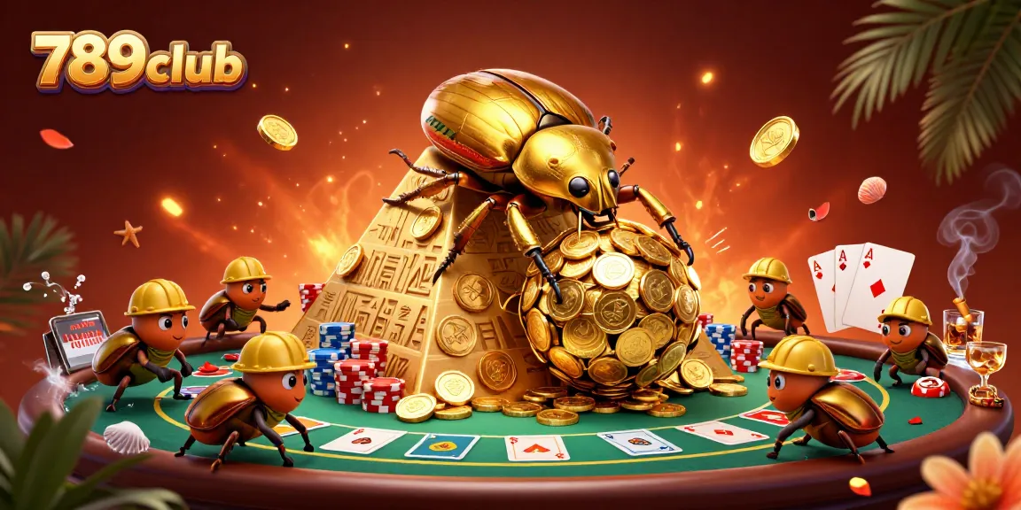 Engage in games at 789club with a lively scene of a golden beetle rolling coins amidst vibrant poker elements.