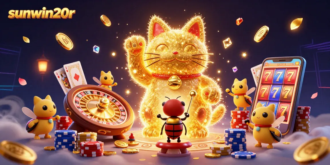 Experience the excitement of sunwin20r with a vibrant illustration of a lucky cat formed by golden fireflies among casino symbols.