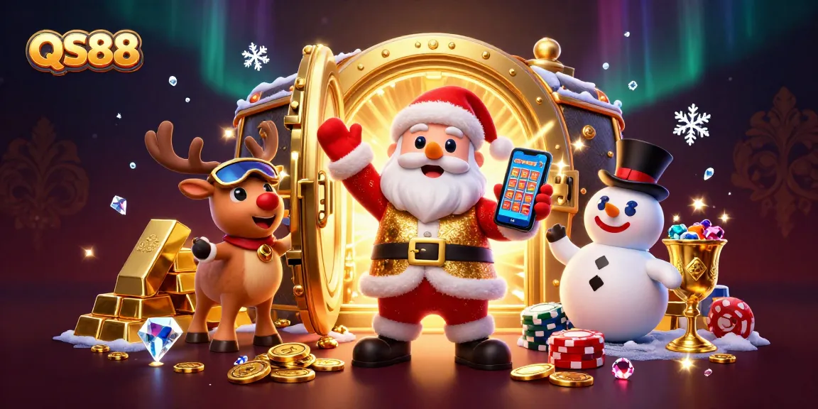 QS88 players winning big with Santa and friends in a dynamic casino scene full of treasures.