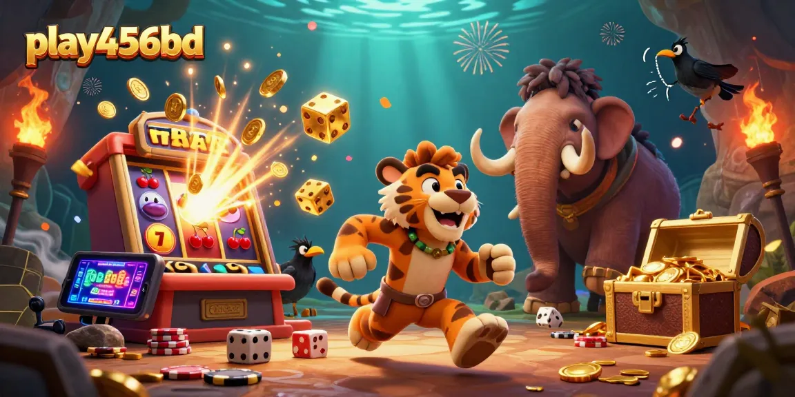 Experience exciting games at play456bd with a vibrant prehistoric casino scene featuring unique characters.