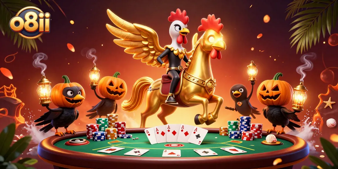 Experience the thrilling atmosphere of o8ii with an epic golden rooster and casino elements.