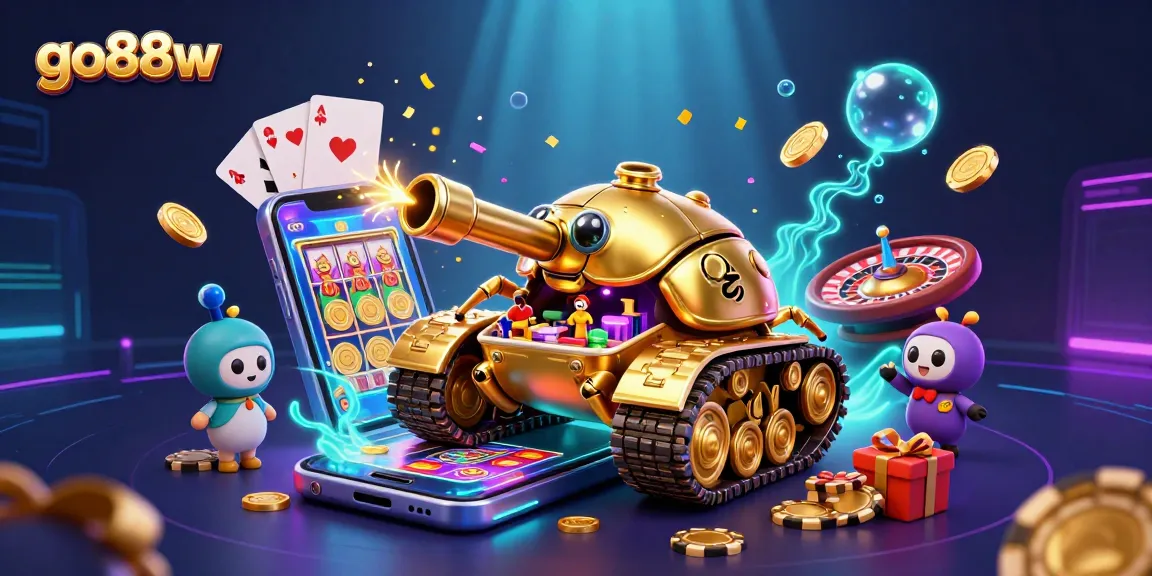 Experience exciting gameplay at go88w with vibrant slot games and a miniature casino setting encapsulated in a golden beetle tank.