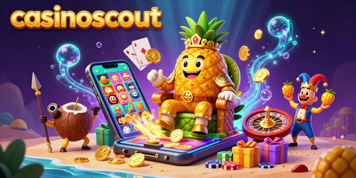 casinoscout features a golden pineapple king with casino elements in a vibrant beach scene.